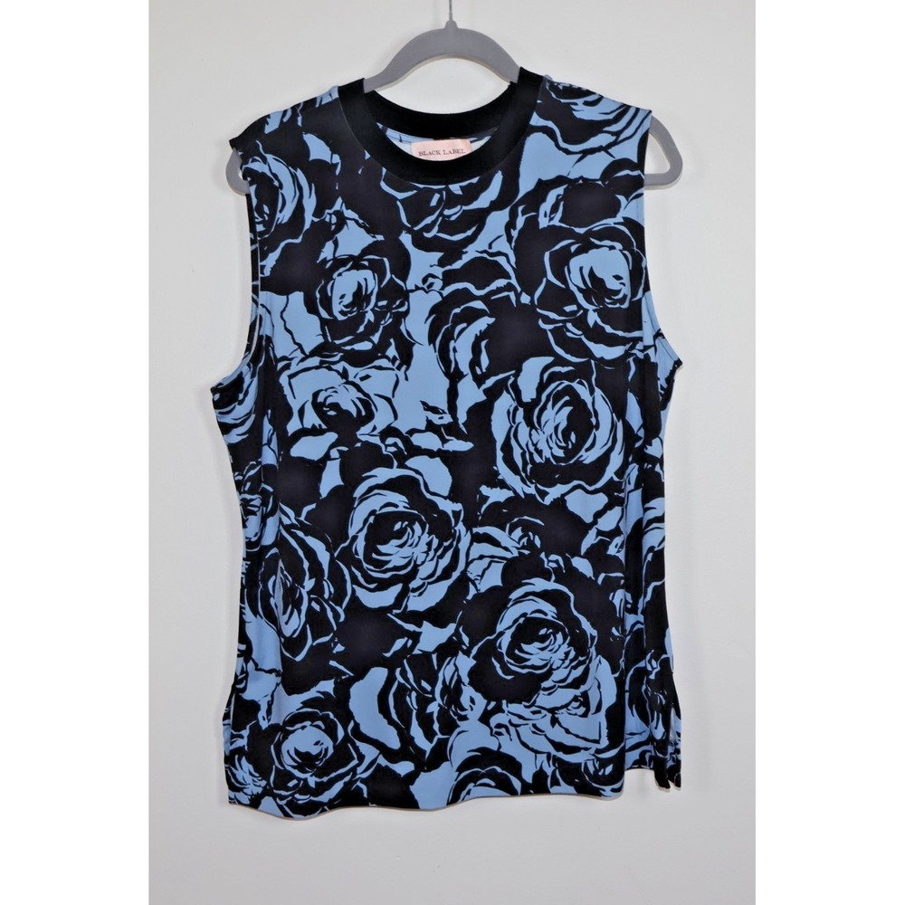 Black Label By Chicos Blouse Top Size Large Black Blue Floral Sleeveless
